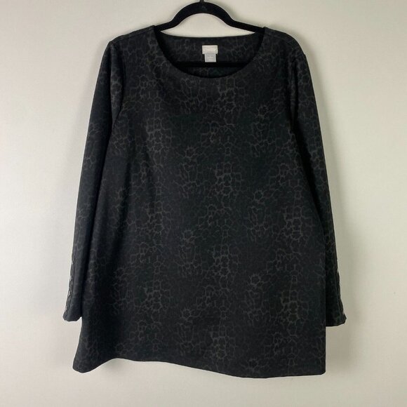 Chicos Leopard-Print Ponte Tunic Top Womens 3 US XL Black Gray Button Sleeves - Picture 1 of 11